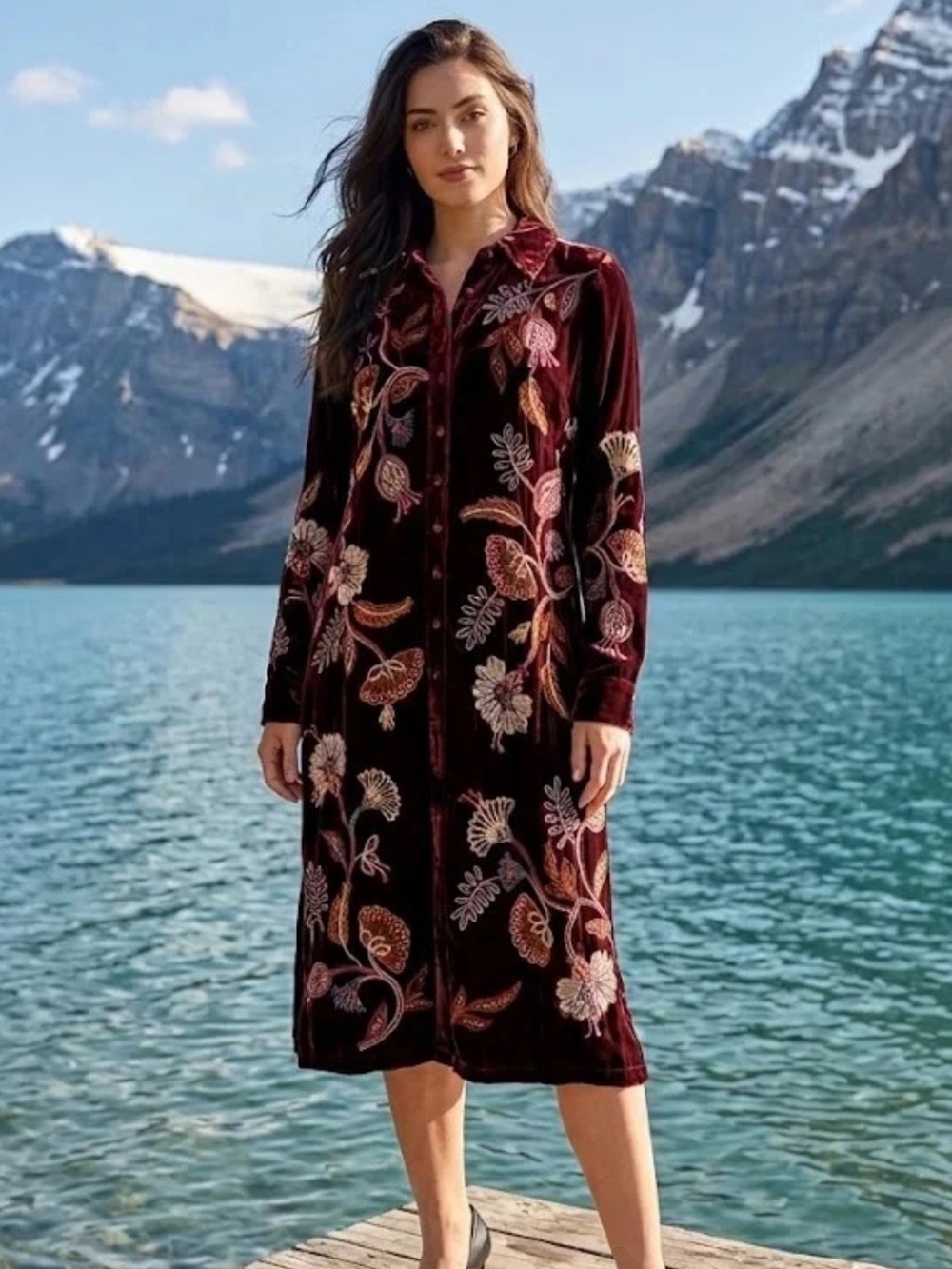 Johnny Was Brown velvet Embroidered Button-Front Long Sleeve Dress